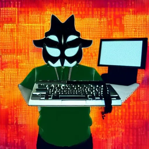 Prompt: A cat wearing a guy fawkes mask, typing maliciously on a computer, with a green screen and binary numbers. Award-winning cyberpunk glitchcore art