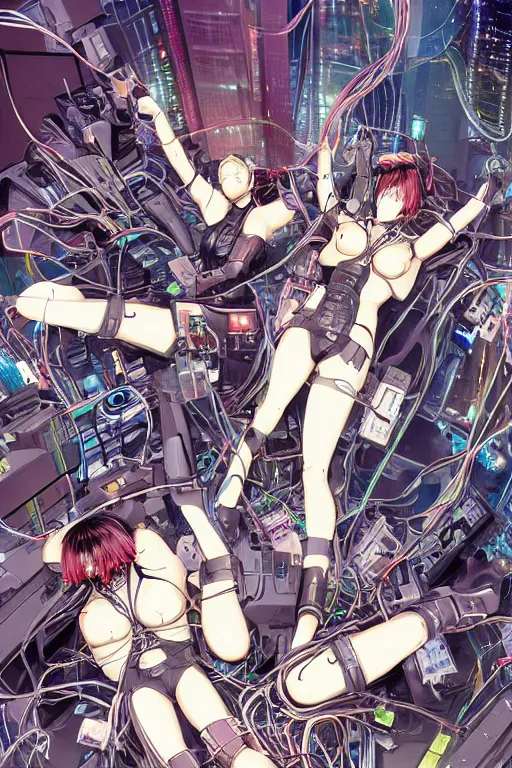 Image similar to cyberpunk anime illustration of a group of female androids lying on an empty white floor in various poses with their bodies open showing a tangled mess of wires and cables coming out, by katsuhiro otomo and masamune shirow, hyper-detailed, colorful, beautiful, bird view