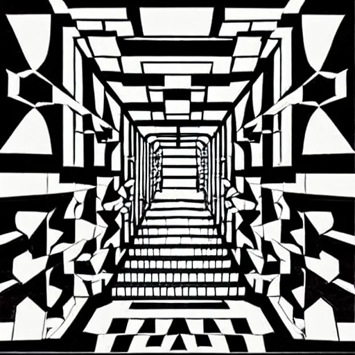 Image similar to “a disorienting white hallway and staircase with many doors, marble material, confusion, creepy, dimensions, MC Escher architecture, by Junji Ito”