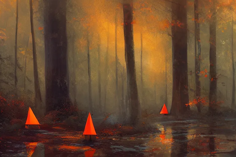 Image similar to orange construction cones, in a forest, atmosphere, highly detailed, craig mullins, james jean, digital painting, cinematic lighting, 4 k