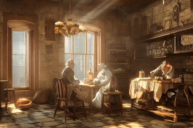 Prompt: [Benjamin Franklin is wearing an apron and cooking breakfast inside a steampunk kitchen], liminal space, high detail, rendered in unreal engine, 3d render, god rays, volumetric lighting, HDR, subsurface scatter, mansion, interior, large windows, rich house