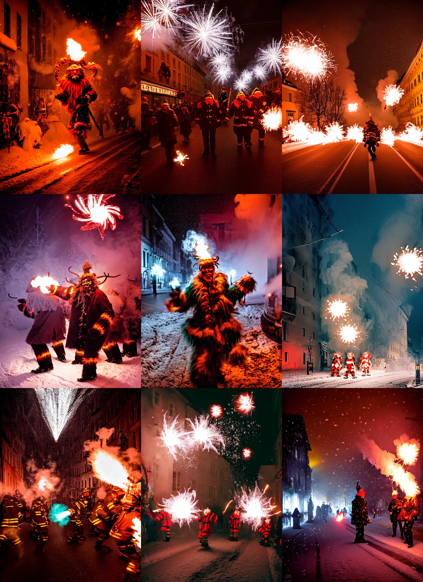 Image similar to kodak portra 4 0 0, winter, snowflakes, hellfire chaos, award winning dynamic photo of a bunch of hazardous krampus between exploding fire barrels by robert capas, motion blur, in a narrow lane in salzburg at night with colourful pyro fireworks and torches, teal lights