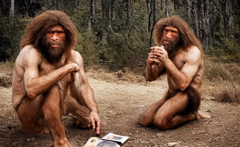 Prompt: a portrait of neanderthal read science book about him in middle of nowhere, perfect dynamic posture, dust, cinematic, perfect dynamic pose, pinterest, very perfect position, award winning photo by national geographic, bokeh