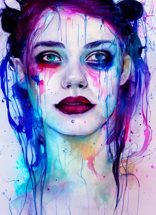 Image similar to harley quinn by agnes cecile, luminous design, pastel colours, ink drips, autumn lights