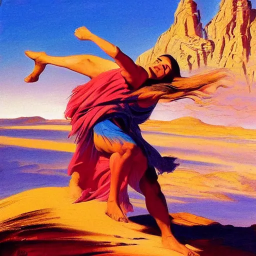 Prompt: Silk sheet desert ecstasy Bedouin under crimson azure diamond sky, in the style of Frank Frazetta, Jeff Easley, Caravaggio, extremely clear and coherent, clear lines, 8K revolution