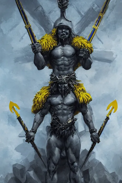 Image similar to a distant shot of a Ukrainian super soldier with blue and yellow flag behind him and a trident symbol on the chest standing alone on a huge pile of skulls posing as a winner, masculine muscular figure, D&D, fantasy, intricate, elegant, highly detailed, extremely detailed, digital painting, artstation, concept art, matte, smooth, sharp focus, illustration, art by Artgerm and Greg Rutkowski and Alphonse Mucha