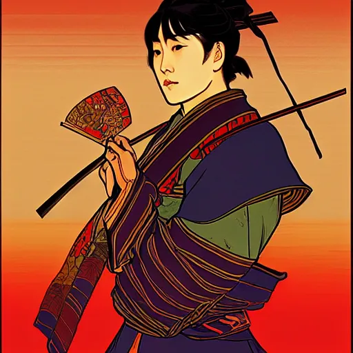 Prompt: portrait of a samurai, red moon on the background, illustration, pop art, thick brush, art by alphonse mucha, makoto shinkai