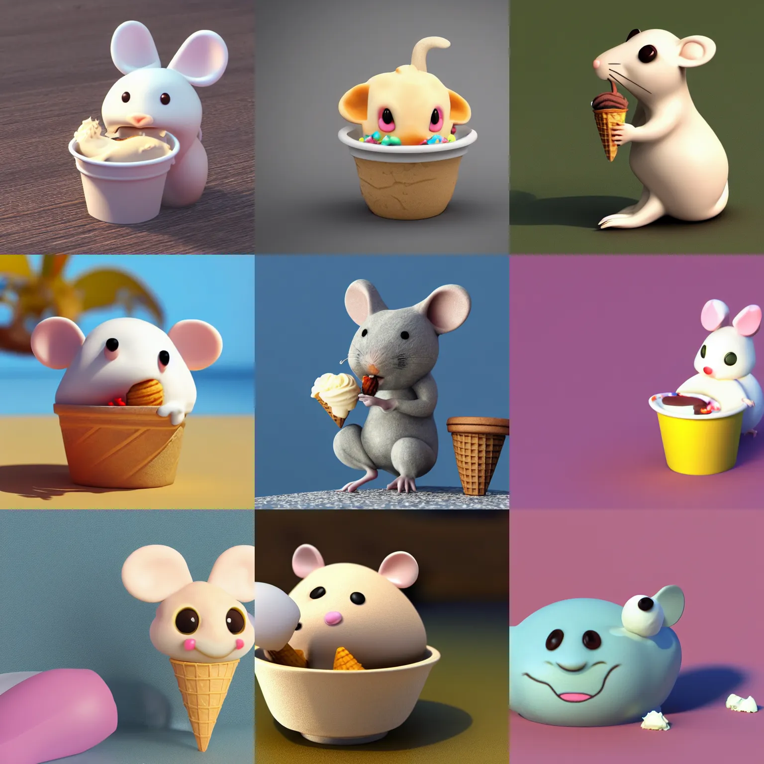 Prompt: A cute 3d render of a ghost mouse eating an ice cream in the sun, 4k