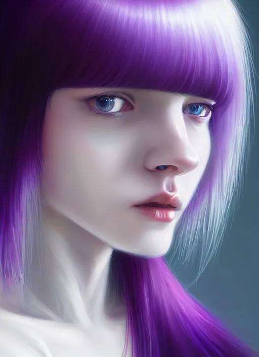 Image similar to hair whitebangs hair, black hair, whitebangs, portrait of teenage girl with white bangs, red irises, purple clothes, white bangs, bangs are different color from hair, intricate, elegant, glowing lights, highly detailed, digital painting, artstation, concept art, smooth, sharp focus, illustration, art by wlop, mars ravelo and greg rutkowski