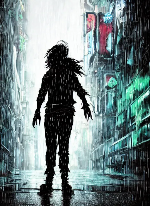 Image similar to An epic fantasy comic book style full body portrait painting of a very beautiful Industrial goth Trent Reznor walking in the rain, neon reflections in the rain puddles, character design by Mark Ryden and Pixar and Hayao Miyazaki, unreal 5, DAZ, hyperrealistic, octane render, cosplay, RPG portrait, dynamic lighting, intricate detail, cinematic