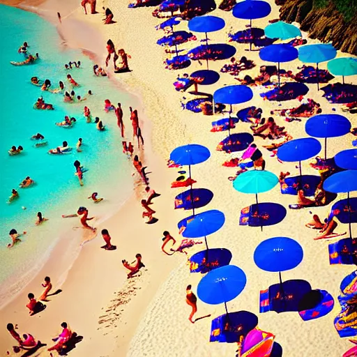 Image similar to photograph beachscapes from an almost perpendicular angle, Aerial view of sandy beach with umbrellas and sea, Aerial of a crowded sandy beach with colourful umbrellas, sun bathers and swimmers during summer, by Tommy Clarke