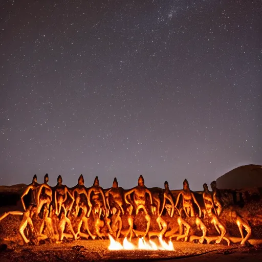 Prompt: an australopithecus tribe gathering, pointing to the stars, fire pit, ambient lighting, orange pallete, anatomically correct, beautiful starry skies, 4k photo,