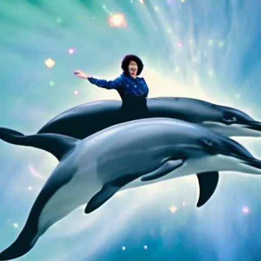 Prompt: betty white riding a dolphin through space, cinematic vfx