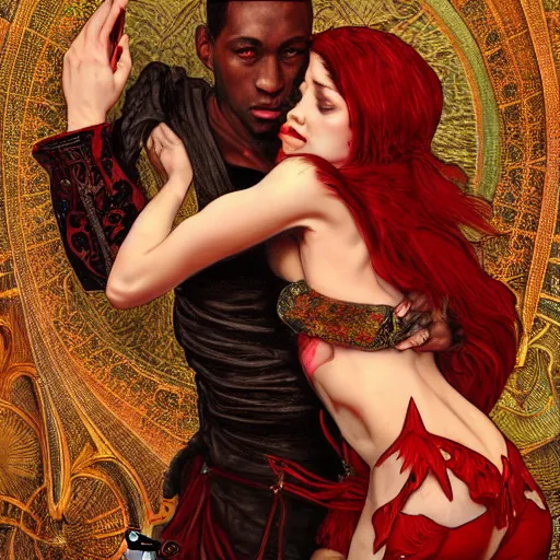 Image similar to a photograpic portrait of a black man dancing with a female devil wearing red clothes, Dark souls themed, fantasy, intricate, elegant, highly detailed, digital painting, artstation, concept art, smooth, sharp focus, illustration, art by artgerm and H R Giger and alphonse mucha