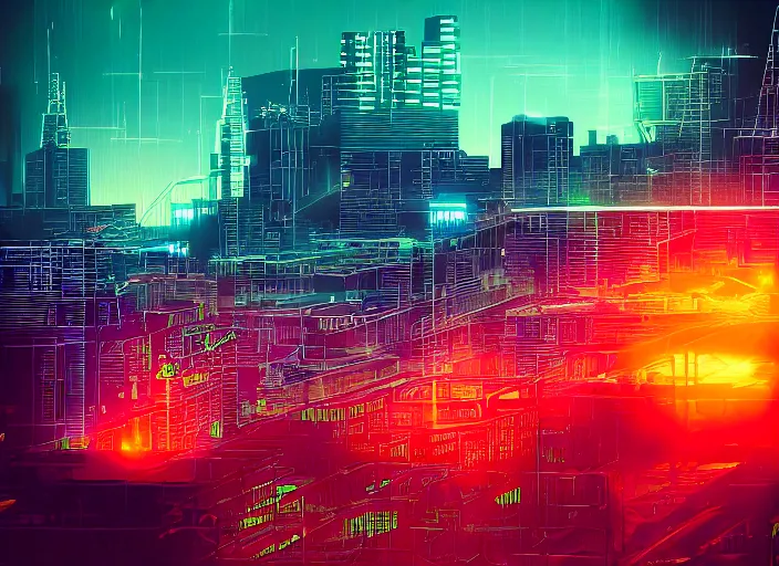 Prompt: aztec cityscape, cyberpunk, techno, orange and green neon lights, metal