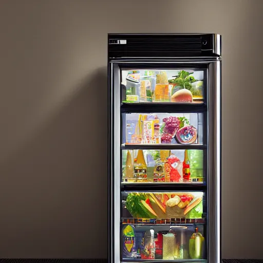 Prompt: product photo of a fridge, by artgerm and greg rutkowski and marc newson, alphonse mucha, zaha hadid, volumetric light, detailed, octane render, midsommar