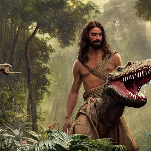 Image similar to a detailed matte painting of a ridiculously good looking jesus who is best friends forever with a tyrannosaurus rex, elegant ancient greek dress, jungle as the background, drinking a martini, very detailed, beautiful, intricate, art by greg rutkowski and robert e howard, octane render