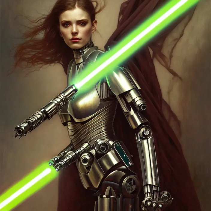 Image similar to organic cyborg, lightsaber held in left hand, diffuse lighting, fantasy, intricate, elegant, highly detailed, lifelike, photorealistic, digital painting, artstation, illustration, concept art, smooth, sharp focus, art by John Collier and Albert Aublet and Krenz Cushart and Artem Demura and Alphonse Mucha
