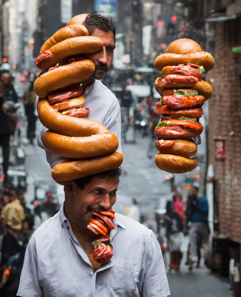 Image similar to closeup portrait of a man carrying a giant hotdog on his shoulder in a smoky new york back street, by Annie Leibovitz and Steve McCurry, natural light, detailed face, CANON Eos C300, ƒ1.8, 35mm, 8K, medium-format print