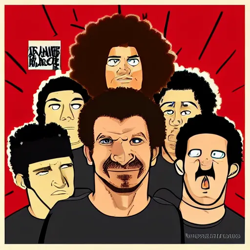 Image similar to rage against the machine band memebers, cartoon style, artstation