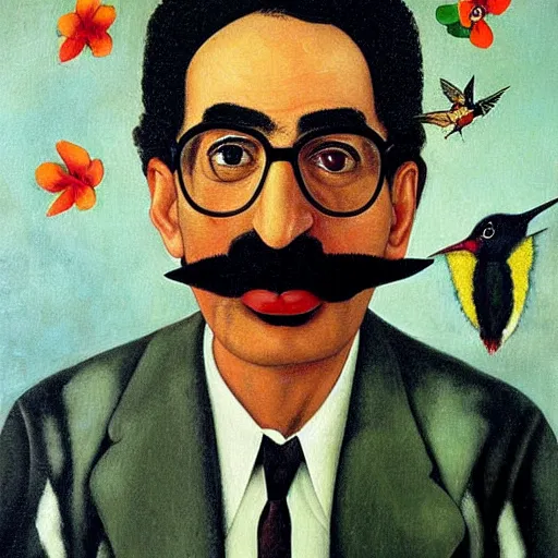 Image similar to painting Self-Portrait of groucho marx with Thorn Necklace and Hummingbird by Frida Kahlo