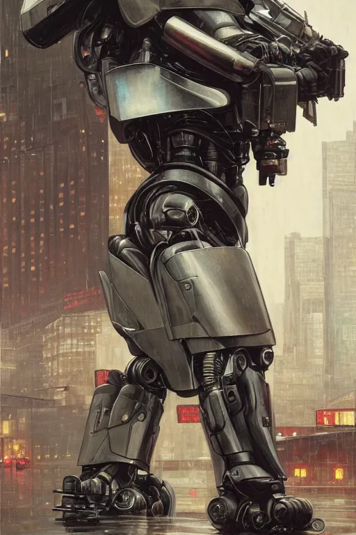 Image similar to Robocop portrait, rainy Detroit by Stanley Artgerm Lau, greg rutkowski, thomas kindkade, alphonse mucha, loish, norman Rockwell