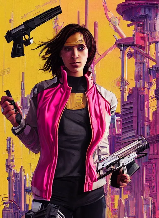 Prompt: beautiful cyberpunk female athlete wearing pink jumpsuit and yellow jacket. firing a futuristic red automatic pistol with huge magazine. ad poster for pistol. cyberpunk poster by james gurney, azamat khairov, and alphonso mucha. artstationhq. gorgeous face. painting with vivid color, cell shading. ( rb 6 s, cyberpunk 2 0 7 7 )