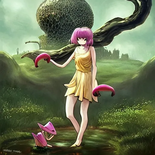 Image similar to A scary godlike fairy killing a frog. award winning. superb resolution. in the art style of junji Ito and greg rutkowski . Detailed Mushroom city in background. Hyper realistic anime. Perfect art. Dalle2