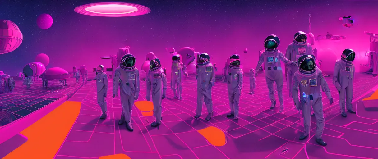 Prompt: hyper detailed neo-surreal 2070s neon purple and red propaganda poster of space workers sharp cinematic lighting 8k wide angle shallow depth of field