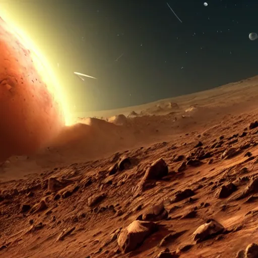 Image similar to earth crashing into mars, space, stars, solar system, destruction, explosions, crumbling worlds, 8k, cinematic, super realistic, wow,