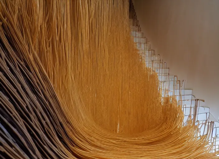 Prompt: a photo of stairs made out of spaghetti, living room background, high definition