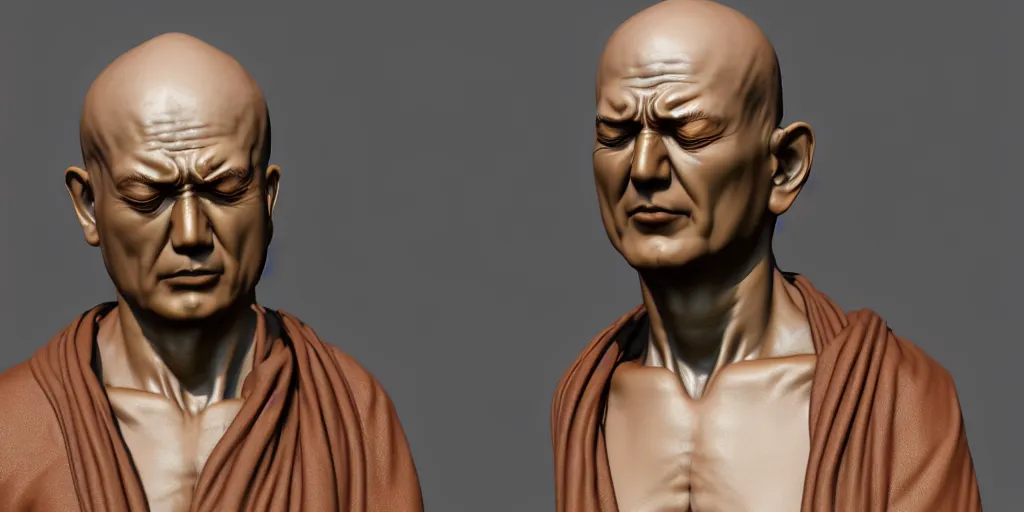 Image similar to hyperrealistic 3 d render of a bust of meditating monk in cyberpunk style, ultra realistic 8 k resolution.