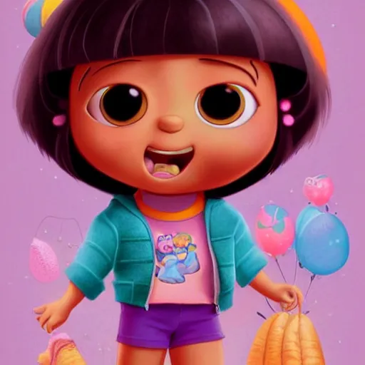 Prompt: dora the explorer as real girl in happy pose, detailed, intricate complex background, Pop Surrealism lowbrow art style, muted pastel colors, soft lighting, pixar render by Mark Ryden , artstation cgsociety