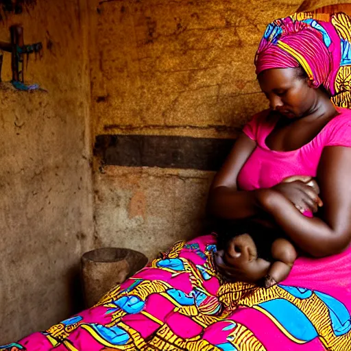 Prompt: a african woman sitting on a bed comforting her baby