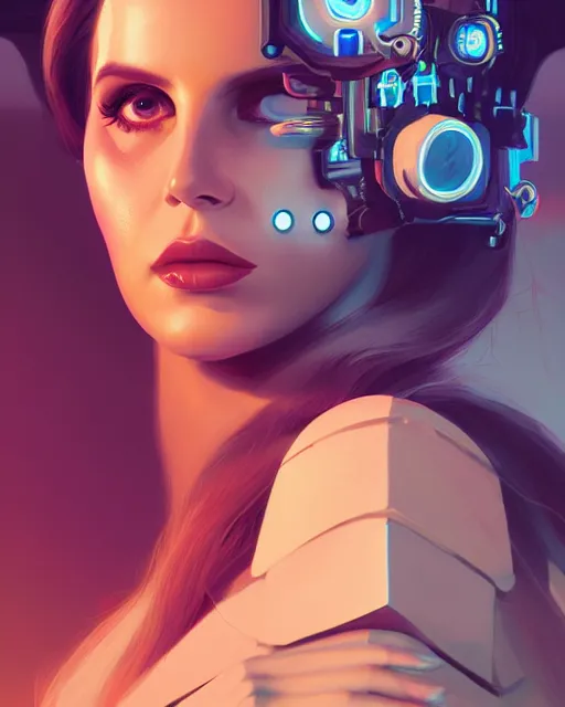 Image similar to portrait of lana del rey as a cyborg. intricate abstract. intricate artwork. by tooth wu, wlop, beeple, dan mumford. octane render, trending on artstation, greg rutkowski very coherent symmetrical artwork. cinematic, hyper realism, high detail, octane render, 8 k, iridescent accents