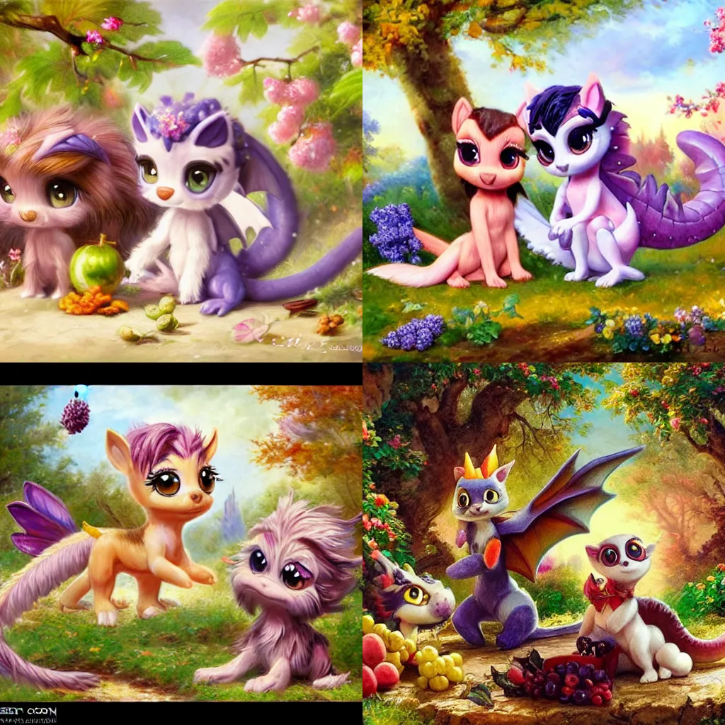 Prompt: 3d Littlest Pet Shop dragon and wolf, Spring theme, nature, grapes, Greek mythology, sparkling, playing with friends, master painter and art style of Noel Coypel, art of Émile Eisman-Semenowsky, art of Édouard Bisson