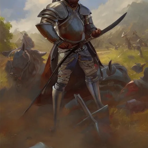 Prompt: ron swanson in medieval plate armor holding a greatsword standing on top of piles of slain enemy footsoldiers, epic fanart, volumetric lighting, oil painting, highly detailed, wide view, sharp focus, painting by daniel gerhartz, alphonse murac, detailed art, artstation