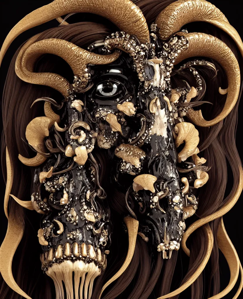 Image similar to goddess princess face close-up portrait ram skull. sculpture made of black clay and gold. jellyfish phoenix head, nautilus, orchid, skull, betta fish, bioluminiscent creatures, intricate artwork by Tooth Wu and wlop and beeple. octane render, trending on artstation, greg rutkowski very coherent symmetrical artwork. cinematic, hyper realism, high detail, octane render, 8k