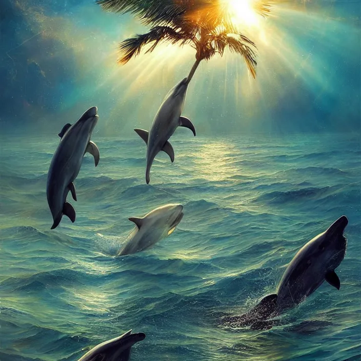 Prompt: dolphins swimming, golden hour, god rays, dreamscape by artgerm and ruan jia and ismail inceoglu and greg olsen, cosmos, milky way galaxy, masterpiece, beautiful, intricate, elegant, highly detailed, palm trees