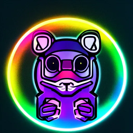 Prompt: cyberpunk hamster! holding rainbow! gem! crystal, neon lights, light reflection, logo, 8 k, hd