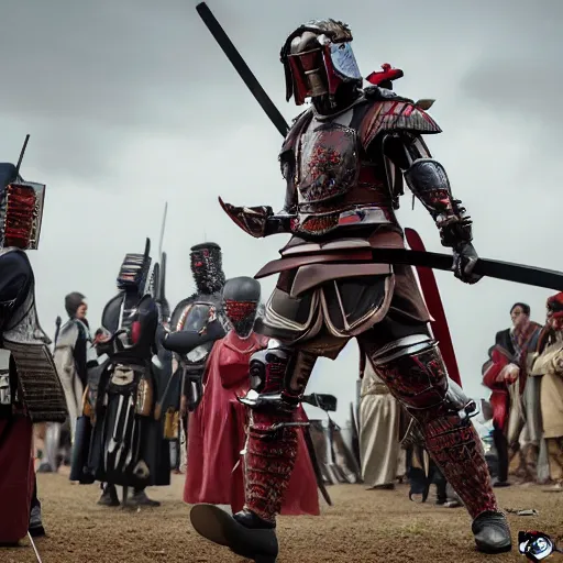 Prompt: a traditionally dressed godlike masked and helmeted cyborg samurai , UN meeting at The Hague , members yelling and screaming animatedly, commotion , Photo realistic , Gregory Crewdson , Award winning. Masterpiece, exquisite detail, post processing