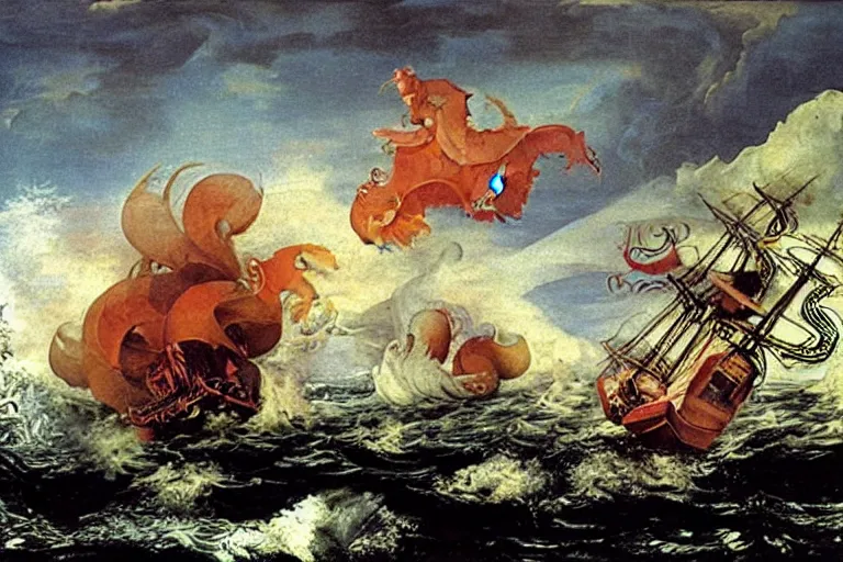 Prompt: A Kraken attacks a ship, Hans Savery the Elder (1626), oil on canvas, detailed brushstrokes