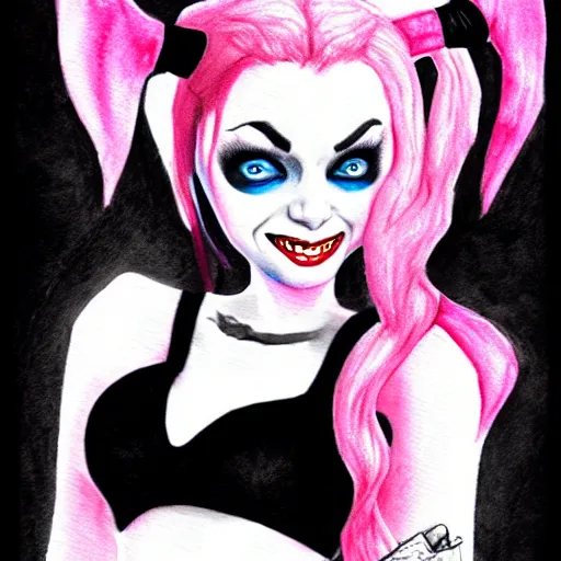 Image similar to harley quinn as an adorable vampire fairy, 8 k resolution watercolor pencil drawing, cinematic lighting, deviantart artstation