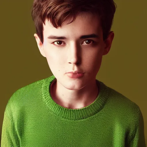 Image similar to boy with short brown hair covering eyes, light green sweater, brown background, dramatic lighting, studio lighting, digital art, trending on artstation