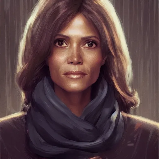 Image similar to maci holloway in a political meeting, first woman elected as president in usa, cold but beautiful, about 3 5 years old, highly detailed, mix of halle berry and julia roberts, gong li, olga kurylenko, artstation hd, deviantart, by artgem, greg rutkowski