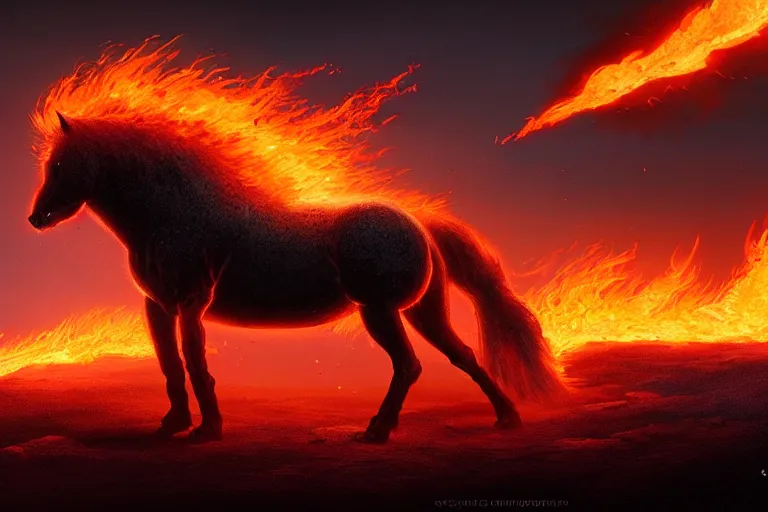 Image similar to a stunning digital painting of a horse made of lava with a mane and tail made of fire by greg rutkowski, volumetric light, digital art, fine detail, photorealistic