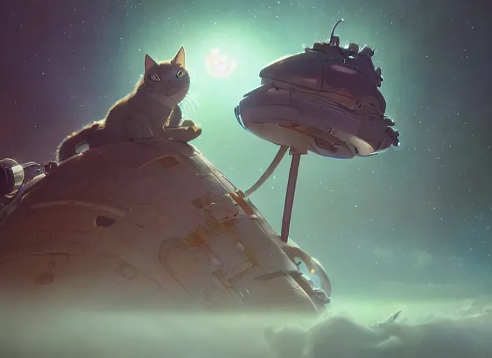 Image similar to a space cat staring role in a musical sci - fi space opera ghibli animated film, volumetric lighting, octane render by stanley artgerm lau, greg rutkowski, thomas kindkade, alphonse mucha, loish, norman rockwel,