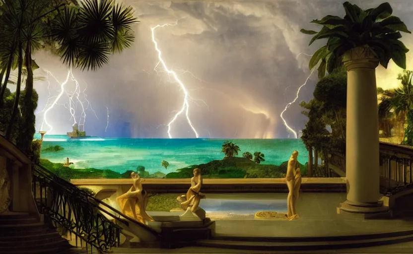 Image similar to mediterranean balustrade and columns, refracted lightnings on the ocean, thunderstorm, fountain, greek pool, beach and Tropical vegetation on the background major arcana sky and occult symbols, by paul delaroche, hyperrealistic 4k uhd, award-winning, very detailed paradise