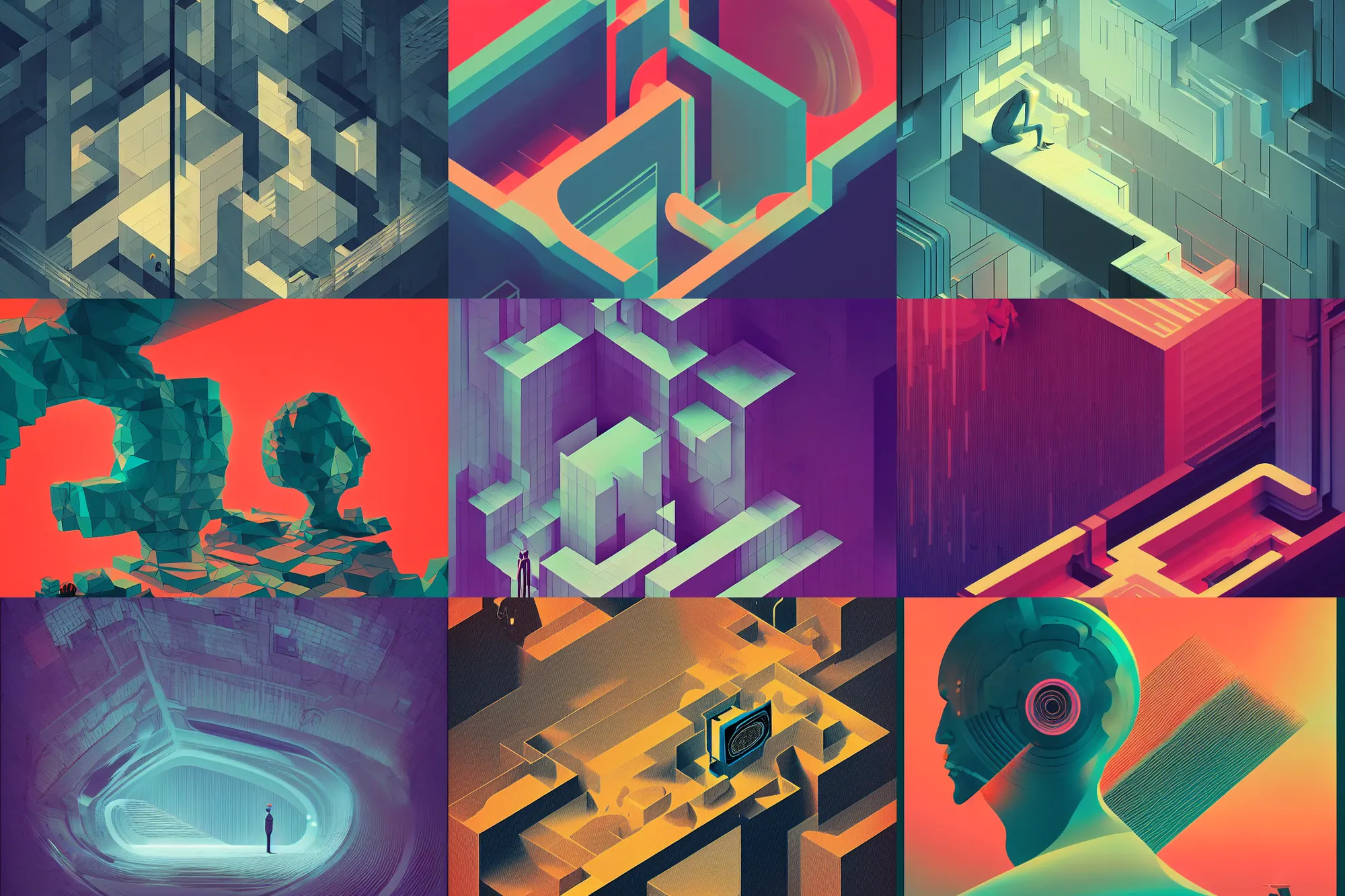 Prompt: ( ( dither ) ), editorial illustration slices from mri brain volume, isometric, modern art deco, ( ( mads berg ) ), christopher balaskas, murata range, rich grainy texture, detailed, dynamic composition, wide angle, matte print, art nouveau, unreal engine