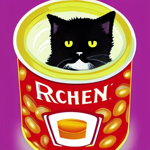 Prompt: black cat in a can of Heinz baked beans, pastel colours, cute digital art